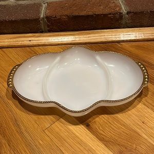 Anchor Hocking Fire King White Glass 3 Parts Divided Platter Plate Gold Trim 11"